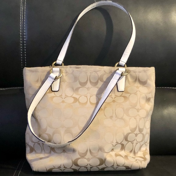 Coach Signature Stripe Khaki Fabric with Leather Trim Tote - Picture 3 of 11